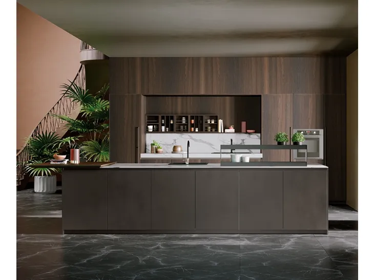 Cucina Design con isola K105 04 in Rovere e finitura metallo liquido di Zecchinon Cucine