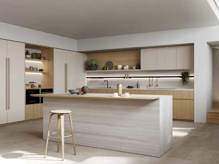 Cucina Design angolare in Rovere con isola in laminam Travertino Kelly 01 di Zecchinon Cucine