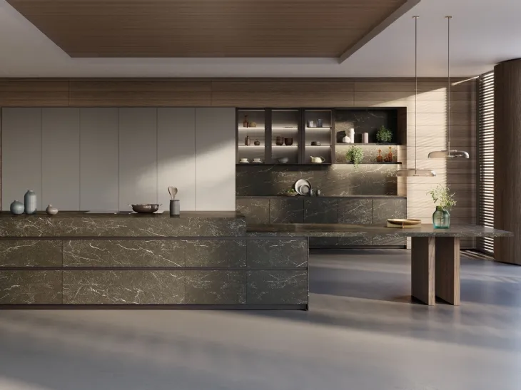 Cucina Design con isola T70 01 in Pietra di Cardoso nero fiammato di Zecchinon Cucine